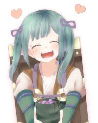 Rule 34 | 1girl, bad food, blush, closed eyes, fire emblem, fire emblem fates, green hair, heart, highres, midori (fire emblem), nintendo, open mouth, simple background, solo, tomo (aimaruroi), twintails, white background
