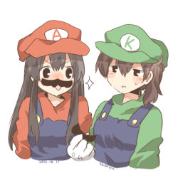 Rule 34 | 2girls, akagi (kancolle), black eyes, blue overalls, blush, brown hair, commentary request, cosplay, crossdressing, crossover, facial hair, fake facial hair, fake mustache, green hat, green shirt, hat, kaga (kancolle), kantai collection, long hair, lowres, luigi, luigi (cosplay), mario, mario (cosplay), mario (series), multiple girls, mustache, nintendo, open mouth, overalls, rebecca (keinelove), shirt, short hair, side ponytail, single letter, smile, sweat