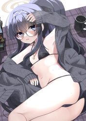 Rule 34 | 1girl, ass, bags under eyes, bikini, black bikini, black hair, blue archive, blue eyes, blue hairband, breasts, commentary request, glasses, grey jacket, hair between eyes, hairband, halo, highres, jacket, jewelry, long hair, long sleeves, looking at viewer, lying, navel, official alternate costume, on side, paid reward available, parted lips, partial commentary, pendant, ponytail, sleeves past wrists, small breasts, solo, swimsuit, ui (blue archive), ui (swimsuit) (blue archive), very long hair, yashiro ryo, yellow halo