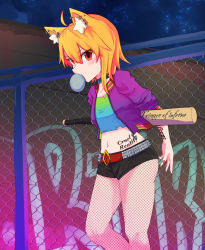Rule 34 | 1girl, animal ear fluff, animal ears, asymmetrical hair, baseball bat, black shorts, blonde hair, blouse, blue shirt, breasts, blowing bubbles, chain-link fence, choker, commentary request, cookie (touhou), cosplay, crop top, cropped jacket, dc comics, ear piercing, feet out of frame, fence, fishnet pantyhose, fishnets, fox ears, fox girl, gradient shirt, graffiti, green shirt, harley quinn, harley quinn (cosplay), highres, jacket, looking at viewer, medium hair, midriff, miramikaru riran, nail polish, navel, no tail, pantyhose, piercing, purple jacket, red eyes, red nails, shirt, short shorts, shorts, sidelocks, sky, small breasts, solo, star (sky), starry sky, suicide squad, tattoo, yan pai