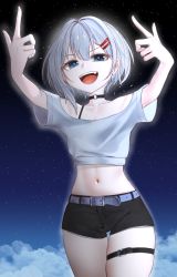 Rule 34 | 1girl, above clouds, arms up, belt, belt buckle, black choker, black shorts, blue eyes, bra strap, braco, buckle, choker, cloud, collarbone, cowboy shot, crop top, double finger gun, fangs, finger gun, glowing, hair between eyes, hair ornament, hairclip, highres, looking at viewer, midriff, navel, night, night sky, o-ring, o-ring choker, off-shoulder shirt, off shoulder, open mouth, rurine luna, shirt, short hair, short shorts, shorts, silver hair, sky, smile, smug, solo, star (sky), starry sky, stomach, teeth, thigh gap, thigh strap, thighs, upper teeth only, v-shaped eyebrows, virtual youtuber, wactor production, white belt, white shirt