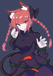 Rule 34 | 1girl, absurdres, animal ear fluff, animal ears, black bow, black shirt, black skirt, blunt bangs, bow, braid, breasts, cat ears, cat tail, commentary request, cowboy shot, extra ears, frilled shirt, frilled sleeves, frills, fugaku (miko no miyatsuguchi), grey background, hair bow, highres, kaenbyou rin, long hair, long sleeves, looking at viewer, medium breasts, multiple tails, nekomata, open mouth, red eyes, red hair, shirt, simple background, skirt, smile, solo, tail, touhou, twin braids, two tails