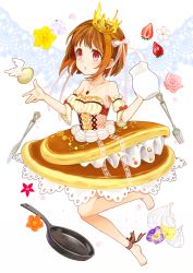 Rule 34 | 1girl, ankle ribbon, barefoot, bow, brown bow, brown hair, brown skirt, cherry blossoms, crown, detached sleeves, dress, egg, flower, food, food-themed clothes, fork, frills, fruit, frying pan, full body, hair bow, jewelry, knife, layered skirt, leg ribbon, looking away, milk, morinaga (brand), necklace, original, pancake, personification, pink flower, pink rose, red eyes, ribbon, rose, short hair, shuu (syuuuuuuuuuu), skirt, solo, strapless, strapless dress, strawberry, striped, striped bow, whipped cream, wings