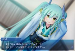 Rule 34 | 1girl, alternate hairstyle, aqua hair, arms up, basa rutan, blush, fate/grand order, fate (series), holding, holding own hair, horns, japanese clothes, kimono, kiyohime (fate), long hair, long sleeves, looking at viewer, obi, open mouth, sash, smile, solo, translation request, twintails, wide sleeves, yellow eyes