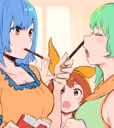 Rule 34 | 3girls, :o, blue hair, blush, breasts, brown eyes, brown hair, cleavage, closed eyes, colored eyelashes, food, frills, green hair, hair ribbon, holding, large breasts, long hair, mouth hold, multiple girls, open mouth, orange eyes, original, pocky, pocky day, ribbon, tomamatto, upper body