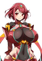 Rule 34 | 1girl, arms behind back, bad id, bad twitter id, blush, breasts, covered navel, curvy, hair ornament, hip focus, huge breasts, looking at viewer, nintendo, nuezou, pyra (xenoblade), red eyes, red hair, short hair, simple background, smile, solo, source request, white background, wide hips, xenoblade chronicles (series), xenoblade chronicles 2, xenoblade chronicles (series), xenoblade chronicles 2