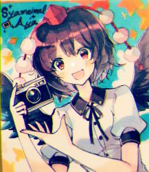 Rule 34 | 1girl, :d, black hair, black ribbon, black wings, camera, character name, chromatic aberration, collared shirt, commentary, day, hat, holding, holding camera, kirero, leaf, looking at viewer, open mouth, outdoors, pom pom (clothes), red eyes, ribbon, shameimaru aya, shirt, short hair, short sleeves, smile, solo, tokin hat, touhou, traditional media, upper body, white shirt, wings