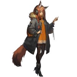 Rule 34 | 1girl, animal ears, arknights, black footwear, black jacket, black pantyhose, boots, brown eyes, brown hair, dress, full body, fur-trimmed jacket, fur trim, hand up, headphones, high heel boots, high heels, implied extra ears, jacket, jewelry, long sleeves, looking at viewer, multiple rings, necklace, non-web source, official art, open clothes, open jacket, orange dress, pantyhose, pearl necklace, ratatos browntail (arknights), ratatos browntail (arknights), ring, simple background, smile, solo, sprite, squirrel ears, squirrel girl, squirrel tail, standing, tachi-e, tail, thigh strap, transparent background