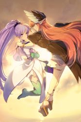 Rule 34 | 2girls, asymmetrical gloves, asymmetrical legwear, aunt and niece, bare shoulders, blush, boots, bracelet, breasts, brown wings, capelet, circe (fate), dress, echo (circa), fate/grand order, fate (series), feathered wings, gloves, head wings, headpiece, high ponytail, jewelry, legs, long hair, medea (lily) (fate), mismatched gloves, mismatched legwear, multiple girls, pelvic curtain, pink hair, pointy ears, ponytail, purple eyes, purple hair, see-through, sidelocks, small breasts, smile, strapless, strapless dress, thigh boots, thighhighs, thighlet, white dress, wings