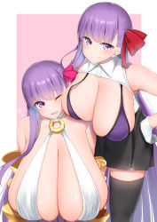 Rule 34 | 2girls, bare shoulders, bb (fate), bb (fate/extra), bikini, bikini top only, black skirt, blush, breasts, claw (weapon), claws, cleavage, criss-cross halter, fate/extra, fate/extra ccc, fate/grand order, fate (series), gloves, hair ribbon, halterneck, high-waist skirt, highres, huge breasts, kitajima yuuki, large breasts, leaning forward, long hair, looking at viewer, looking to the side, multiple girls, o-ring, one eye closed, open mouth, passionlip (fate), pink eyes, pink ribbon, pink shorts, puffy shorts, purple bikini, purple eyes, purple hair, red ribbon, ribbon, shorts, skirt, smile, striped clothes, striped shorts, swimsuit, thighs, very long hair, weapon, white gloves