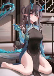 Rule 34 | 1girl, arknights, barefoot, black hair, blue nails, blue skin, blush, breasts, china dress, chinese clothes, closed mouth, colored skin, commentary, dragon horns, dragon tail, dress, dusk (arknights), full body, green hair, highres, holding, holding brush, horns, large breasts, long hair, looking at viewer, multicolored hair, nail polish, pointy ears, red eyes, ru zhai, sleeveless, solo, streaked hair, tail, thighs, toenail polish, toenails, two-tone dress