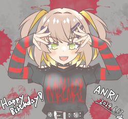 Rule 34 | 1girl, 2024, :d, anri (synthesizer v), belt, belt buckle, black belt, black choker, black shirt, blonde hair, blush, buckle, character name, choker, clothes writing, clothing cutout, colored inner hair, dated, dot nose, eyelashes, fang, green eyes, grey background, hair ornament, hairclip, happy birthday, layered shirt, long sleeves, multicolored hair, open mouth, red shirt, shirt, smile, solo, spiked choker, spikes, splatter, studded belt, synthesizer v, teeth, twintails, upper teeth only, wixa14 shin