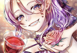 Rule 34 | alcohol, artist name, close-up, cup, drink, drinking glass, fang, fangs, flower, highres, holding, holding drink, holding flower, looking at viewer, mymero, original, pink flower, pink rose, ponytail, purple eyes, purple hair, purple theme, rose, smile, vampire, wine, wine glass