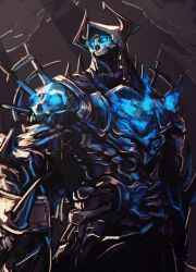 Rule 34 | 1boy, armor, black armor, black horns, blue eyes, blue fire, burning, casul, fate/grand order, fate (series), fire, fire, flaming eye, glowing, glowing eyes, highres, holding, holding shield, holding weapon, hood, hood up, horns, king hassan (fate), looking at viewer, male focus, mask, shield, skull, skull mask, solo, spikes, upper body, weapon