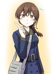 Rule 34 | 1girl, bag, blue coat, braid, brown eyes, brown hair, coat, commentary request, cowboy shot, gradient background, hiqu, index finger raised, kantai collection, long hair, long sleeves, looking at viewer, messenger bag, shoulder bag, single braid, solo, souya (kancolle)