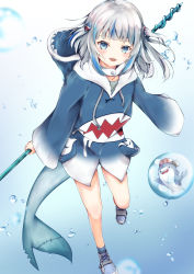 Rule 34 | 1girl, :d, absurdres, animal hood, bloop (gawr gura), blue eyes, blue footwear, blue hair, blue hoodie, blunt bangs, bubble, fins, fish tail, gawr gura, gawr gura (1st costume), hair ornament, hat, highres, holding, hololive, hololive english, hood, hoodie, long sleeves, looking at viewer, md5 mismatch, multicolored hair, open mouth, polearm, resolution mismatch, rinsu (rins10215), shark, shark hood, shark tail, sharp teeth, short hair, sleeves past fingers, sleeves past wrists, smile, source smaller, streaked hair, tail, teeth, trident, two side up, underwater, virtual youtuber, weapon, white hair