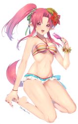 Rule 34 | 1girl, bikini, breasts, frilled bikini, frills, hair ribbon, halterneck, highres, long hair, looking at viewer, millie chliette, mismatched bikini, multicolored bikini, multicolored clothes, murata tefu, open mouth, pink eyes, pink hair, pointy ears, ponytail, ribbon, simple background, smile, solo, star ocean, star ocean anamnesis, star ocean first departure, striped bikini, striped clothes, swimsuit, tail, thighs, white background