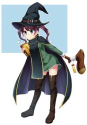 Rule 34 | 1girl, black cape, black hat, blue eyes, book, boots, breasts, cape, circe (haremon), dress, full body, green dress, haremon, hat, holding, holding book, holding staff, long sleeves, medium hair, monster girl, nervous smile, official art, pinguinkotak, purple hair, small breasts, smile, solo, staff, swept bangs, tachi-e, thigh boots, tsurime, twintails, witch, witch hat, wooden staff