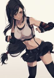 Rule 34 | 1girl, 234 (1234!), arm guards, black skirt, black thighhighs, bracelet, clenched hands, crop top, elbow gloves, fighting stance, final fantasy, final fantasy vii, final fantasy vii remake, fingerless gloves, gloves, grey background, highres, jewelry, long hair, looking to the side, low-tied long hair, midriff, miniskirt, navel, serious, simple background, skirt, solo, stomach, suspenders, tank top, thighhighs, tifa lockhart, undershirt