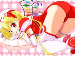 Rule 34 | 1girl, :p, alternate costume, armor, ass, blonde hair, blush, boots, border, breasts, cosplay, cross, crossed legs, crystal, djibril aries, djibril aries (cosplay), elbow gloves, embodiment of scarlet devil, faker (feketerigo), female focus, flandre scarlet, frills, from side, gem, gloves, hair ribbon, hands on own face, hat, highres, kazuaki (pixiv27431), kuuchuu yousai, long hair, looking at viewer, looking back, magical girl, makai tenshi djibril, makai tenshi djibril 2, mini wings, naughty face, one-piece swimsuit, pillow, plaid, plaid background, ponytail, puffy short sleeves, puffy sleeves, red cross, red eyes, red one-piece swimsuit, ribbon, sailor collar, school swimsuit, shadow, shin guards, short hair, short sleeves, shoulder pads, side ponytail, sidelocks, sitting, small breasts, solo, swimsuit, swimsuit costume, thigh boots, thighhighs, thighlet, third-party edit, tongue, tongue out, top-down bottom-up, touhou, very long hair, white gloves, white thighhighs, wings