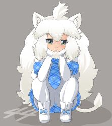 Rule 34 | 1girl, :3, ahoge, animal ear fluff, animal ears, blue panties, blush, boots, breasts, closed mouth, commentary request, elbow gloves, full body, fur collar, gloves, grey background, grey eyes, hands on own cheeks, hands on own face, highres, kemono friends, large breasts, lets0020, lion ears, lion girl, lion tail, long hair, looking at viewer, medium bangs, numbered, panties, pantyhose, shirt, short sleeves, simple background, smile, solo, squatting, tail, underwear, upskirt, very long hair, white footwear, white gloves, white hair, white lion (kemono friends), white pantyhose, white shirt