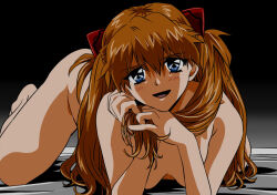 Rule 34 | 1girl, all fours, barefoot, blue eyes, blush, breasts, brown hair, completely nude, convenient censoring, eywy4324, foreshortening, hair between eyes, hand in own hair, long hair, looking at viewer, medium breasts, neon genesis evangelion, nude, open mouth, out of frame, shaded face, smile, solo, souryuu asuka langley, two side up
