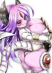 Rule 34 | 1girl, armor, ass, bad id, bad twitter id, black horns, black sclera, breasts, cleavage, colored sclera, colored skin, crossed arms, curvy, demon girl, demon horns, demon tail, highres, horns, long hair, looking at viewer, looking back, original, purple hair, purple skin, red eyes, revealing clothes, tail, thick thighs, thighhighs, thighs, third eye, white background, white thighhighs, zyugoya