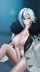 Rule 34 | 1girl, absurdres, arlecchino (genshin impact), black eyes, black hair, breasts, closed mouth, commentary, english commentary, fur collar, fur trim, gcg, genshin impact, grey hair, highres, jacket, large breasts, linked piercing, looking at viewer, medium hair, multicolored hair, nipple piercing, nipples, open clothes, open jacket, piercing, red pupils, sitting, solo, streaked hair, thighs, white jacket