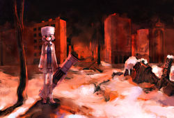 Rule 34 | 1girl, building, city, expressionless, fur hat, green eyes, hat, holding, holding weapon, jacket, long sleeves, looking at viewer, miniskirt, outdoors, pleated skirt, rapan, red sky, red theme, rocket launcher, ruins, russian clothes, sanya v. litvyak, scenery, short hair, silver hair, skirt, sky, snow, solo, standing, strike witches, thighhighs, ushanka, weapon, white thighhighs, winter clothes, world witches series, zettai ryouiki
