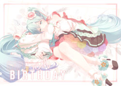 Rule 34 | 1girl, absurdres, bare legs, bare shoulders, black skirt, blue eyes, blue hair, blue ribbon, border, commentary, covered mouth, detached sleeves, flower, frilled footwear, gradient hair, hair between eyes, hair flower, hair ornament, happy birthday, hatsune miku, high heels, highres, kicchan, knees together feet apart, long hair, long sleeves, looking at viewer, lying, magical mirai (vocaloid), magical mirai miku, magical mirai miku (2021), multicolored hair, neck ribbon, on side, pleated skirt, red border, ribbed shirt, ribbon, shirt, sidelocks, simple background, skirt, sleeveless, sleeveless shirt, socks, solo, twintails, very long hair, vocaloid, white background, white footwear, white shirt, white sleeves, white socks