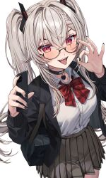 Rule 34 | 1girl, bag, black-framed eyewear, black bag, black choker, black jacket, black nails, black skirt, blush, bow, bowtie, breasts, cellphone, choker, collared shirt, commentary, english commentary, fellatio gesture, from above, glasses, grey hair, highres, holding, holding phone, indie virtual youtuber, jacket, large breasts, long hair, long sleeves, looking at viewer, looking up, nail polish, open clothes, open jacket, open mouth, phone, pleated skirt, red bow, red bowtie, red eyes, saruei, saruei (vtuber), semi-rimless eyewear, shirt, shirt tucked in, shoulder bag, simple background, skirt, smartphone, smile, solo, twintails, under-rim eyewear, virtual youtuber, white shirt