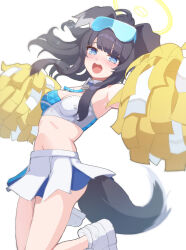 Rule 34 | 1girl, :d, animal ears, bare shoulders, black hair, blue archive, blue eyes, blush, breasts, cheering, cheerleader, crop top, dog ears, dog girl, dog tail, eyewear on head, goggles, goggles on head, halo, hibiki (blue archive), hibiki (cheer squad) (blue archive), highres, holding, holding pom poms, kouki7912f, long hair, looking at viewer, medium breasts, midriff, millennium cheerleader outfit (blue archive), navel, official alternate costume, open mouth, pleated skirt, pom pom (cheerleading), pom poms, shoes, simple background, skirt, sleeveless, smile, sneakers, solo, standing, standing on one leg, star sticker, sticker on arm, sticker on face, tail, text print, white background, white footwear, white skirt, yellow halo