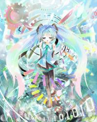 Rule 34 | 1girl, :d, binary, black footwear, black skirt, boots, collared shirt, detached sleeves, floating hair, flower, gears, gradient hair, hair between eyes, hair ornament, hatsune miku, headphones, highres, long hair, looking down, miniskirt, multicolored hair, necktie, open mouth, piano keys, pleated skirt, rainbow order, reflection, ripples, shino (eefy), shirt, skirt, smile, solo, tattoo, thigh boots, thighhighs, twintails, very long hair, vocaloid, walking, water