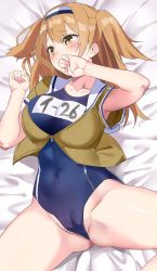 Rule 34 | 10s, 1girl, absurdres, armpit peek, bed sheet, blue one-piece swimsuit, blush, breasts, brown hair, brown jacket, cameltoe, character name, collarbone, covering own mouth, cropped jacket, embarrassed, from above, hairband, head tilt, highres, i-26 (kancolle), jacket, kantai collection, long hair, looking away, looking to the side, lying, maji (etonato), name tag, one-piece swimsuit, palms, school swimsuit, short sleeves, short twintails, solo, spread legs, swimsuit, tareme, twintails, two-tone hairband, two side up, yellow eyes, zipper