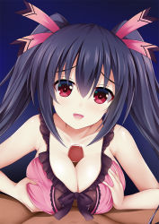 Rule 34 | 1boy, 1girl, black hair, blush, breasts squeezed together, breasts, censored, clothed paizuri, euforia, hetero, large breasts, lingerie, long hair, looking at viewer, neptune (series), noire (neptunia), paizuri, paizuri under clothes, penis, pov, red eyes, ribbon, smile, solo focus, twintails, underwear