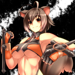 Rule 34 | 1girl, animal ears, antenna hair, arc system works, blazblue, blazblue: continuum shift, breasts, brown eyes, brown hair, fingerless gloves, gloves, large breasts, makoto nanaya, revealing clothes, short hair, smile, solo, squirrel ears, squirrel tail, tail, tonfa, tro (trombe), underboob, weapon