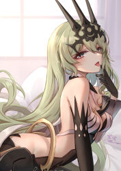 Rule 34 | 1girl, absurdres, backless outfit, bare shoulders, between breasts, black gloves, breasts, cleavage, cleavage cutout, clothing cutout, commentary, detached sleeves, eyelashes, from side, gloves, green hair, highres, honkai (series), honkai impact 3rd, indoors, long hair, long sleeves, looking at viewer, looking to the side, medium breasts, mobius (honkai impact), on bed, open mouth, purple eyes, revealing clothes, signature, solo, symbol-only commentary, tongue, tongue out, very long hair, window, yelan xing xuan