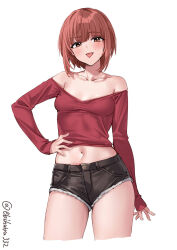 Rule 34 | 1girl, :p, alternate costume, bare shoulders, blush, breasts, brown eyes, brown hair, collarbone, commentary, cowboy shot, cutoffs, denim, denim shorts, ebifurya, highres, jeans, kantai collection, long sleeves, looking at viewer, midriff, navel, off-shoulder shirt, off shoulder, open mouth, pants, shirt, short hair, short shorts, shorts, simple background, small breasts, solo, stomach, tongue, tongue out, twitter username, white background, z3 max schultz (kancolle)