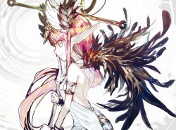 Rule 34 | 1girl, armlet, back, backless dress, backless outfit, bare back, bare shoulders, black wings, breasts, circe (fate), closed mouth, dress, eyebrows, fate/grand order, fate (series), feathered wings, from side, hair between eyes, halterneck, head wings, highres, holding, holding staff, kusakanmuri, long hair, o-ring, pink hair, pointy ears, ponytail, small breasts, smile, solo, staff, straight hair, very long hair, white dress, white eyes, white wings, wings