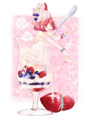 Rule 34 | 1girl, bad id, bad pixiv id, bare shoulders, blueberry, cup, detached sleeves, dress, elbow gloves, food, food-themed clothes, food as clothes, food on face, food on head, frills, fruit, glass, gloves, hair ornament, hairpin, highres, ice cream, in container, in cup, in food, mini person, minigirl, momoyama nozomu, nail polish, object on head, open mouth, original, parfait, pink nails, raspberry, red eyes, red hair, short hair, solo, sparkle, spoon, strapless, strapless dress, strawberry, tongue, tongue out