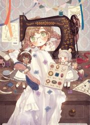 Rule 34 | 3girls, animal ears, apron, blue eyes, blush, braid, bright pupils, brown hair, buttons, commentary request, dark-skinned female, dark skin, dress, fabric, finger to mouth, flower, glasses, green eyes, grey dress, hair ornament, hairclip, highres, holding, indoors, jar, long hair, long sleeves, maid, maid headdress, mary janes, mini person, minigirl, mouse ears, mouse girl, mouse tail, multiple girls, open mouth, original, pantyhose, parted lips, pin, pincushion, red eyes, ribbon, round eyewear, sewing machine, shoes, short hair, smile, socks, spool, standing, table, tail, tape measure, thread, twin braids, wallpaper (object), white hair, white legwear, white pupils, yujup