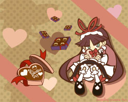 Rule 34 | 1girl, blue eyes, blush, brown background, candy, chocolate, chocolate heart, dress, embarrassed, feli (puyopuyo), food, frown, hairband, heart, heart background, long hair, official style, polka dot, polka dot background, purple hair, puyopuyo, puyopuyo fever, shoes, solo, valentine, white legwear, y&amp;k