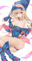 Rule 34 | 1girl, :d, ass, bare shoulders, blonde hair, blue footwear, blue hat, blue leotard, blush stickers, boots, breasts, cleavage, covered navel, dark magician girl, gem, green eyes, hair between eyes, hand up, hat, highres, holding, holding staff, holding wand, jewelry, knee boots, large breasts, legs together, leotard, mexif, neck ring, off-shoulder leotard, open mouth, smile, solo, staff, taut leotard, thighs, v, wand, wizard hat, wrist cuffs, yu-gi-oh!