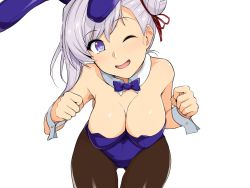 Rule 34 | 1girl, animal ears, bare shoulders, blue leotard, breasts, detached collar, fake animal ears, fate/grand order, fate (series), gluteal fold, haruhisky, large breasts, leaning forward, leotard, looking at viewer, miyamoto musashi (fate), one eye closed, open mouth, pantyhose, playboy bunny, purple eyes, purple hair, rabbit ears, strapless, strapless leotard, thigh gap, wink, wrist cuffs