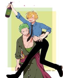 Rule 34 | 2boys, annoyed, arm around waist, arm up, artist name, bare pectorals, black necktie, black pants, blonde hair, blue shirt, blush, bottle, carrying, cigarette, closed eyes, collared shirt, commentary, curly eyebrows, drunk, earrings, frown, green background, green hair, green kimono, hair over one eye, haramaki, highres, holding, holding bottle, holding cigarette, japanese clothes, jewelry, kimono, long bangs, looking at another, looking up, male focus, mob0322, multiple boys, multiple swords, necktie, one piece, open mouth, pants, pectorals, roronoa zoro, sanji (one piece), scar, scar across eye, scar on chest, scar on face, shirt, short hair, simple background, single earring, smile, striped clothes, sword, symbol-only commentary, twitter username, weapon, white background