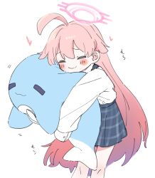 Rule 34 | 1girl, ahoge, black skirt, blue archive, blush, closed eyes, closed mouth, commentary request, hair flaps, halo, highres, hoshino (blue archive), huge ahoge, hugging doll, hugging object, inflatable toy, inflatable whale, long hair, long sleeves, meeeeeeco359, miniskirt, pink hair, pink halo, plaid, plaid skirt, puffy long sleeves, puffy sleeves, shirt, simple background, skirt, smile, solo, white background, white shirt