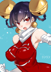 Rule 34 | 1girl, armpits, bare shoulders, bell, bell earrings, black hair, braid, breasts, china dress, chinese clothes, dress, earrings, hair ornament, jewelry, large breasts, lin lin (one-punch man), one-punch man, red eyes, scarf, twin braids