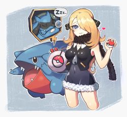 Rule 34 | 1girl, aged down, bag, bare arms, blonde hair, breasts, bubble, chung1000, commentary request, creatures (company), crop top, cynthia (pokemon), duffel bag, eyelashes, game freak, gen 4 pokemon, gible, grey eyes, hair ornament, hair over one eye, holding, holding poke ball, long hair, looking at viewer, nintendo, outline, parted lips, poke ball, poke ball (basic), pokemon, pokemon (creature), pokemon dppt, riolu, scarf, sleeveless, zipper pull tab, zzz