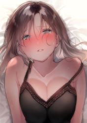 Rule 34 | 1girl, armpit crease, bare shoulders, bed sheet, blush, breasts, brown eyes, brown hair, cleavage, collarbone, commentary request, half-closed eyes, highres, large breasts, lingerie, long hair, looking at viewer, lying, negligee, nose blush, on back, original, parted lips, rinku (rin9), solo, strap slip, sweat, tearing up, tears, underwear, upper body
