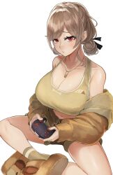 Rule 34 | 1girl, bare shoulders, breasts, brown hair, brown jacket, brown shorts, brown socks, brown sports bra, butterfly sitting, cleavage, controller, dog tags, double bun, fur jacket, furen e lustario, furen e lustario (5th costume), game controller, hair bun, highres, holding, holding controller, holding game controller, jacket, jacket partially removed, jewelry, large breasts, long hair, looking at viewer, navel, necklace, nekotokage, nijisanji, off shoulder, parted bangs, partially unzipped, pout, red eyes, short shorts, shorts, simple background, sitting, slippers, socks, solo, sports bra, virtual youtuber, white background